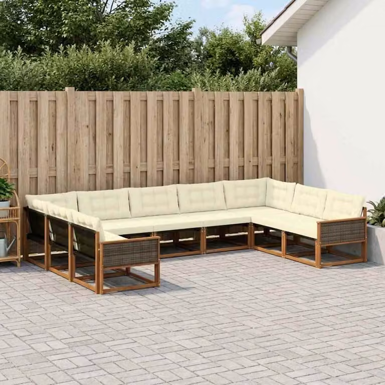 Set di divani da esterno vidaXL 9 pz in legno di acacia con cuscini beige e bianco per giardino e terrazza
