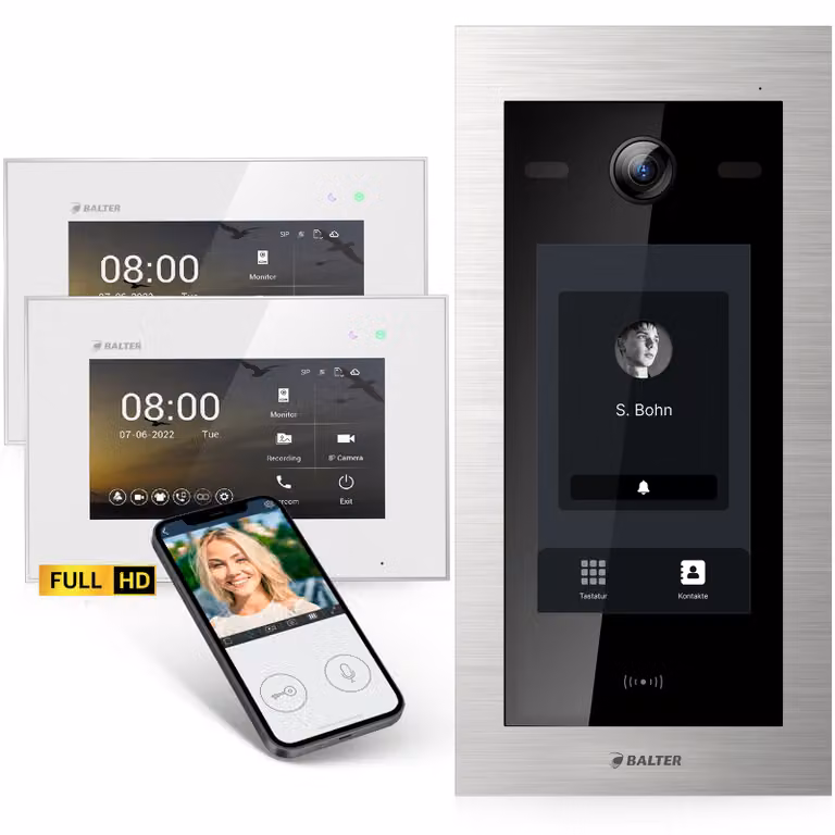 Videocitofono Balter EVO-HD con touchscreen, app per smartphone, casa per 1 famiglia, 2x monitor da 7 pollici, campanello con telecamera Full HD, bus a 2 fili