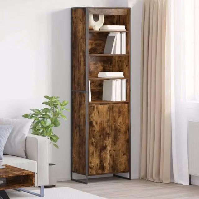 Armadio alto vidaXL in stile industriale in legno e metallo, colore marrone quercia fumosa, con ante a battente e ripiani interni, L: 60 cm, P: 36 cm, H: 200 cm
