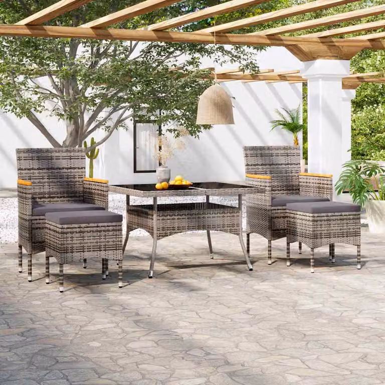 Set Pranzo da Giardino vidaXL in Polyrattan e Vetro Temperato Grigio con Tavolo in Legno di Acacia, 5 Pezzi