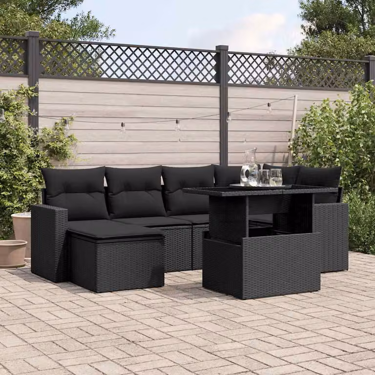 vidaXL Set Divani da Giardino a L con Cuscini 7pz Nero in Polyrattan e Metallo