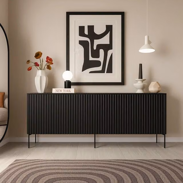 Credenza Laion DMORA, Madia da salotto moderna con quattro ante battenti, Nero opaco, L 190 cm x P 40 cm x H 80 cm – 1