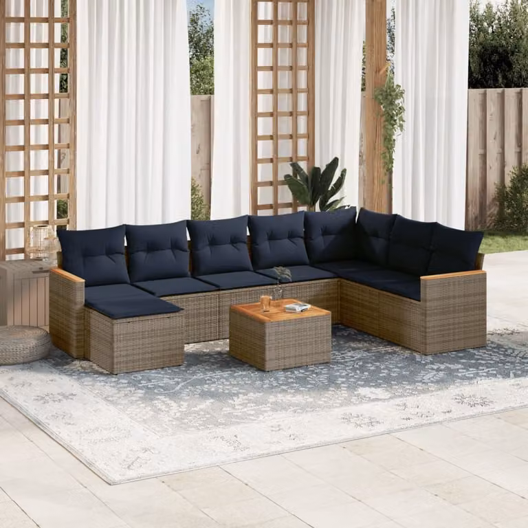 Set di divani da giardino vidaXL 9 pz a forma di U con cuscini grigi e blu in polyrattan e struttura in acciaio verniciato a polvere
