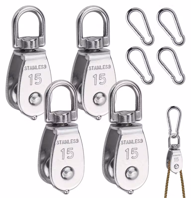 Set di 4 rulli per cavi in acciaio inossidabile, diametro 15 mm, con 4 ganci a moschettone M4