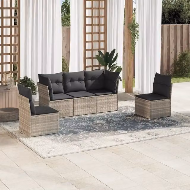 Set Divano da Giardino 5pz con Cuscini-Sofa da Giardino-Divanetto da esterno Grigio Chiaro Polyrattan 680394