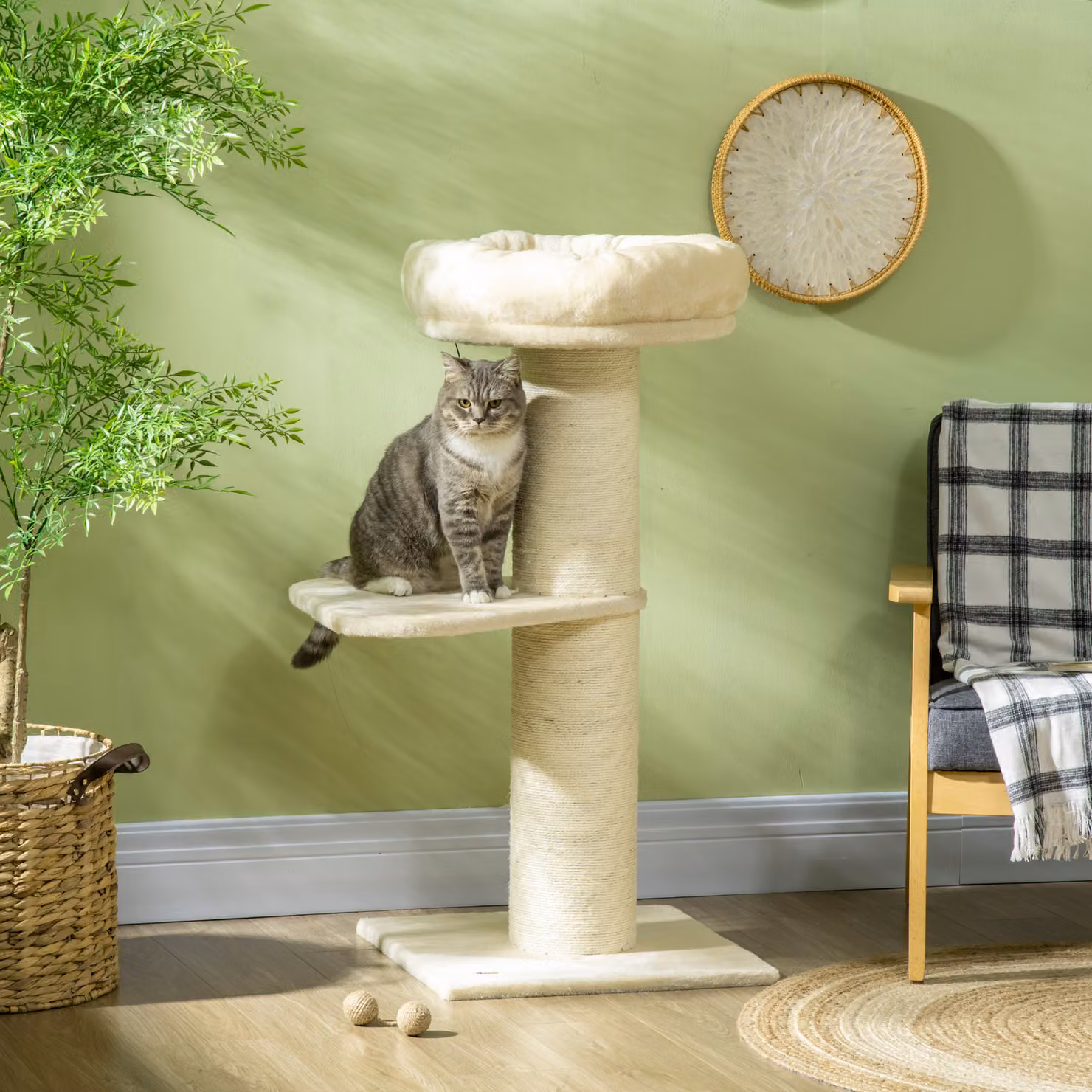 Tiragraffi per Gatti PawHut con Palo in Sisal, Cestino e Pallina Sospesa, in Peluche, Beige, Altezza: 105 cm – 2