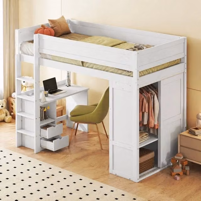 Lettino a soppalco 90x200 cm con scrivania; armadio e 2 cassetti; bianco