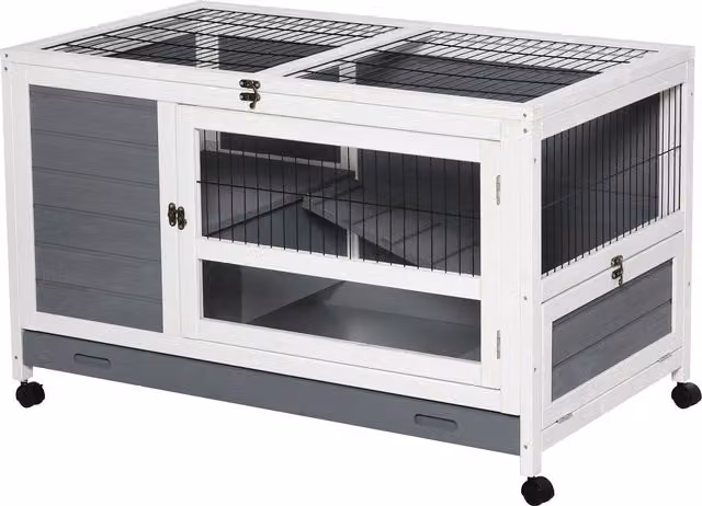 Gabbia per conigli in legno PawHut con vassoio scorrevole e coperchio apribile, colore grigio – 1