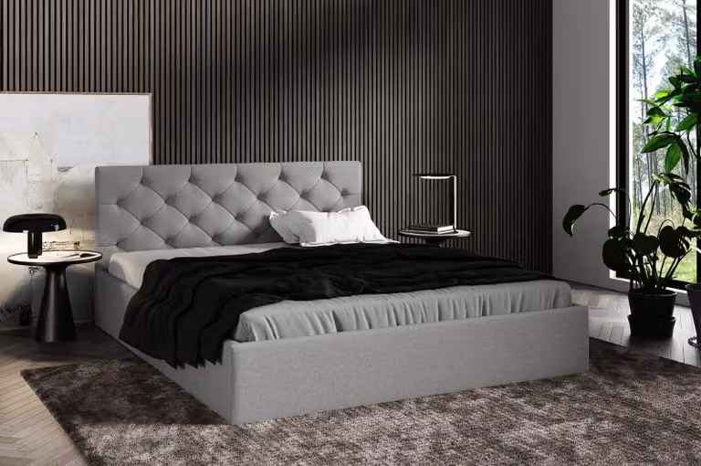 Letto imbottito 180x200 cm, grigio, con contenitore, rivestito in tessuto, struttura in metallo con rete a doghe, trapuntatura