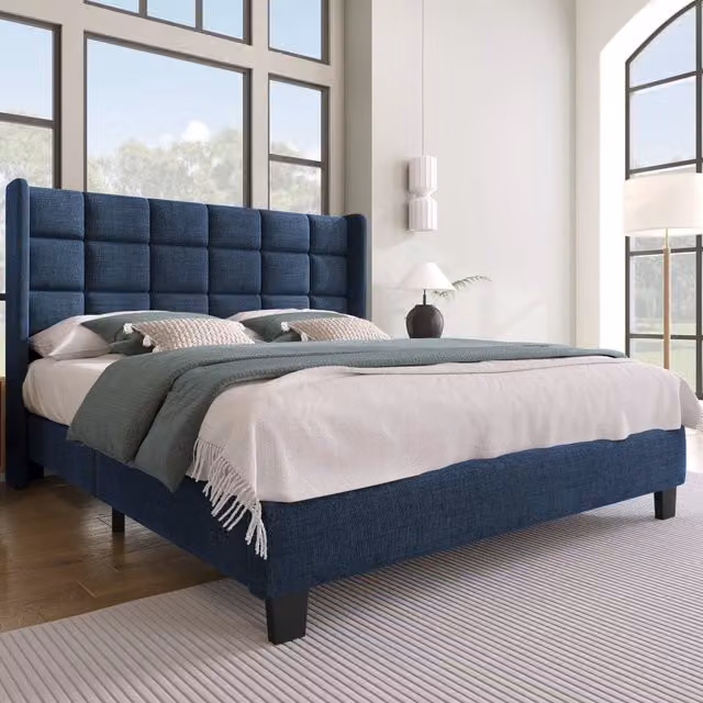 Letto matrimoniale Mivray con testiera imbottita in tessuto blu e struttura in metallo, L/P/H: 140 x 200 x 111 cm