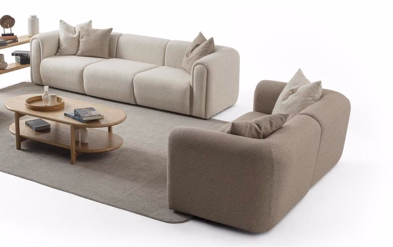 Stilvolle Couchgarnitur Beiger Dreisitzer Holzgestell Textilsofas