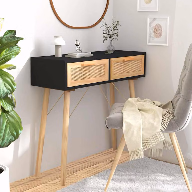 vidaXL Tavolo Consolle in Legno di Pino Massello e Rattan Naturale, Nero, L 80 cm x P 30 cm x H 75 cm