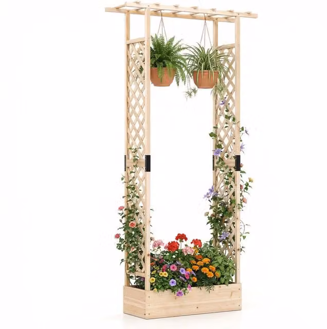 Letto da giardino rialzato DESIGN IN in legno di abete marrone con traliccio per rampicanti e drenaggio integrato, ideale per orto, erbe aromatiche e piante ornamentali da interno o esterno, L: 110 cm, P: 35 cm, H: 227 cm – 1