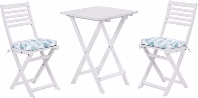 Set da bistrot Beliani in legno di acacia bianco con cuscini blu, design scandinavo moderno, L: 120 cm, P: 60 cm, H: 75 cm