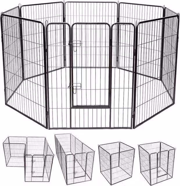 Recinto per Cani da Interno ed Esterno, Recinzione per Animali Domestici con 8 Pannelli di Metallo, Box per Cani, Gatti e Conigli, 80 x 100 cm