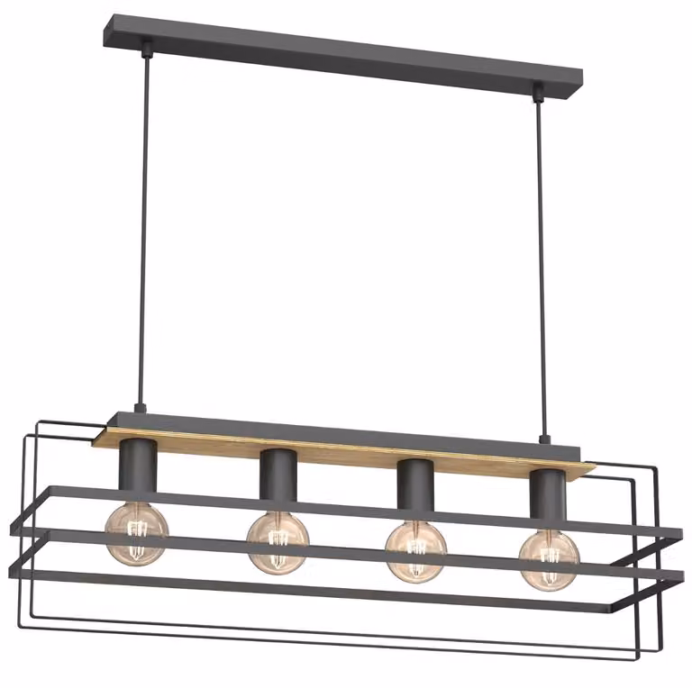 Lampada a sospensione Kortez nero opaco-legno chiaro 4xE27x15W metallo dim.: 110x76x23 cm IP20 Luminex
