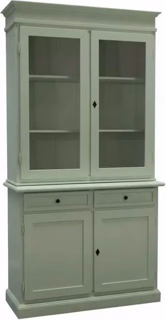 Cristalliera in legno e vetro stile arte povera verde salvia con 2 porte e 2 cassetti Mobili 2G L: 105 cm, P: 42 cm, H: 206 cm – 3