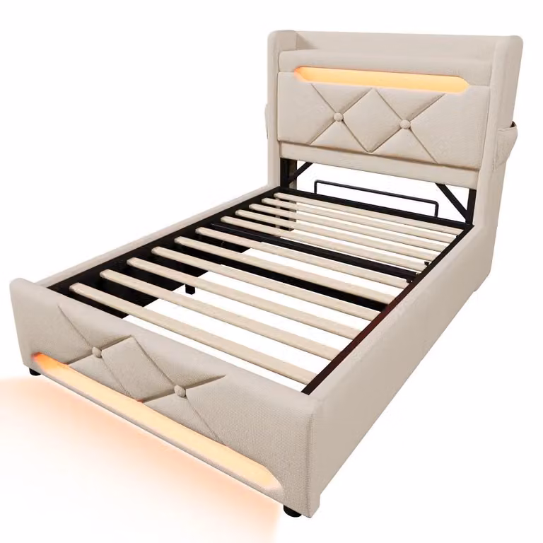 Letto imbottito - Struttura del letto - Spazio contenitore idraulico - Testiera con spazio contenitore - Illuminazione LED a 360° su testiera e pediera - Porta USB - Include materasso - Beige, 90 x 200 cm