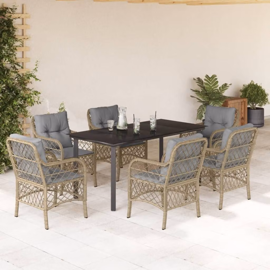 Maison Exclusive - Set Pranzo da Giardino 7 pz con Cuscini Beige Misto Polyrattan