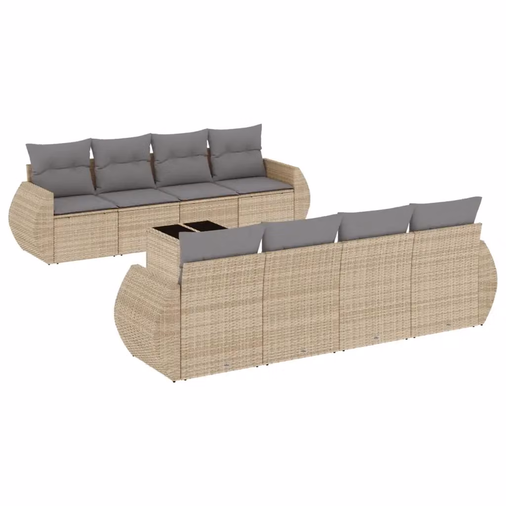 vidaXL Set Divano da Giardino 9 pz in Polyrattan con Cuscini Beige e Tavolino da Esterno – 2