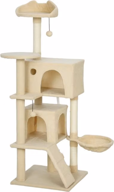Albero Tiragraffi per Gatti PawHut Alto 140 cm con 2 Casette, Amaca e Pali in Sisal, Beige