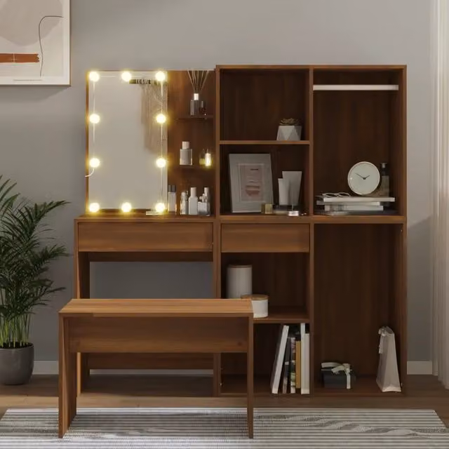 Set Tavolo da Toeletta con LED Rovere Marrone Legno Multistrato 3114106
