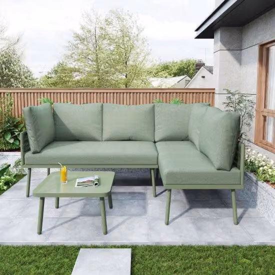 Set da salotto con lettini in metallo, arredi da giardino verdi, arredi da giardino a forma di L, set da salotto con lettini in filo metallico verde, con cuscini per le sedute, piedini regolabili, 2 panche e 1 tavolo