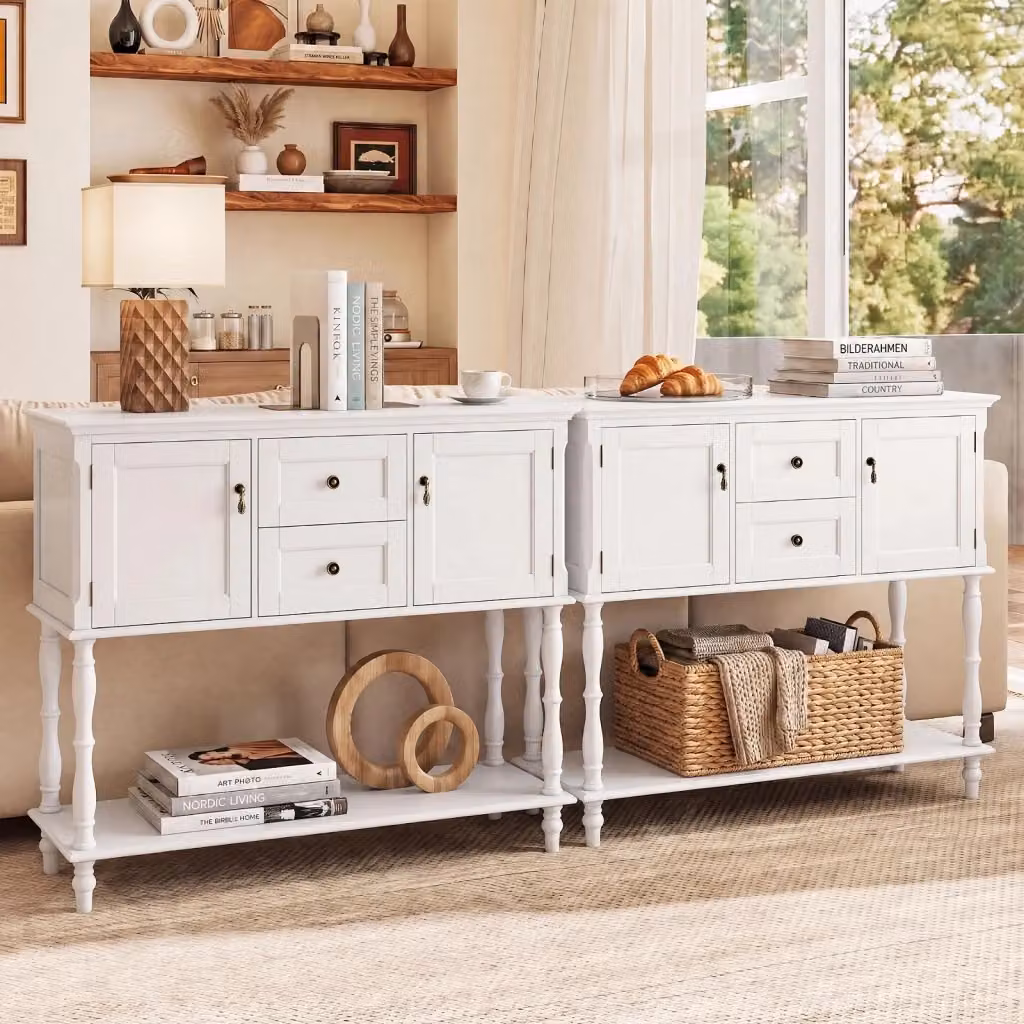 Tavolo consolle moderno DESIGN IN in legno e MDF bianco con 2 cassetti, 2 ante e ripiano aperto per soggiorno e corridoio, L: 100 cm, H: 86,5 cm, P: 30 cm – 2