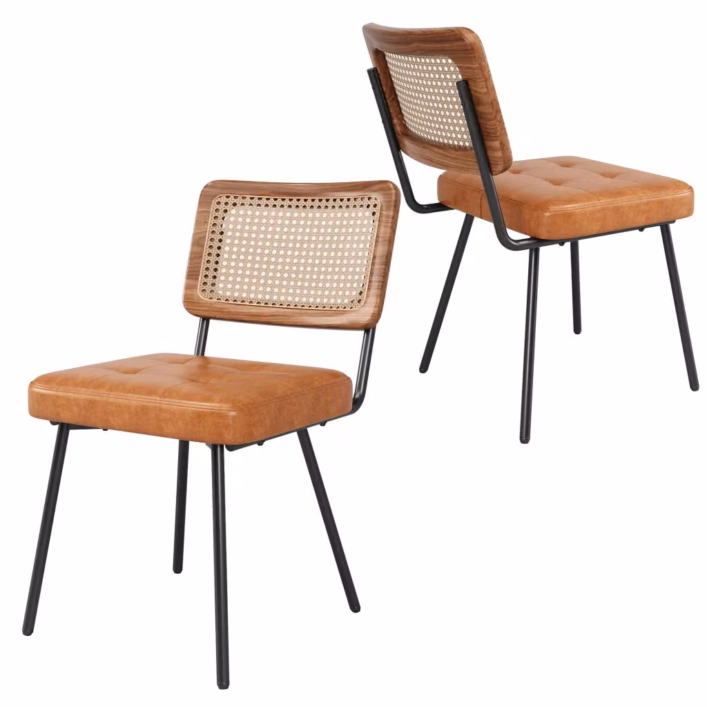 Sedia da pranzo OKWISH in similpelle marrone con schienale in rattan PE e gambe in metallo – 2