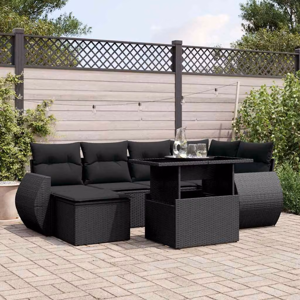 Set di Divani da Giardino vidaXL a Forma di L con 7 Pezzi e Cuscini, Polyrattan e Metallo, Nero – 1
