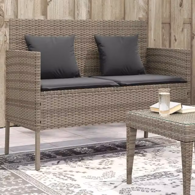 Panca da giardino moderna vidaXL in polyrattan grigia con cuscini L: 110 cm, P: 61 cm, H: 87 cm