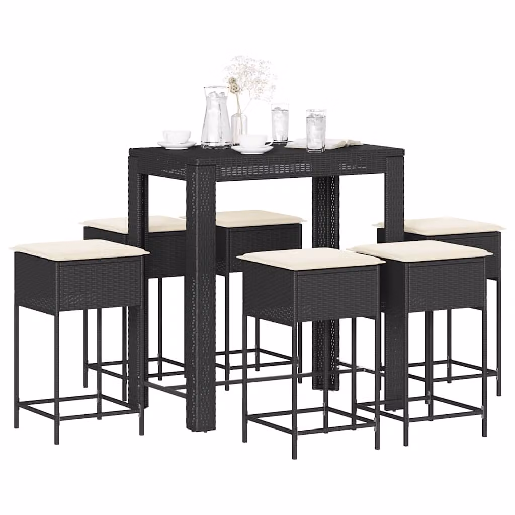 vidaXL Set Bar da Giardino 7 pz in Polyrattan Nero e Bianco con Cuscini