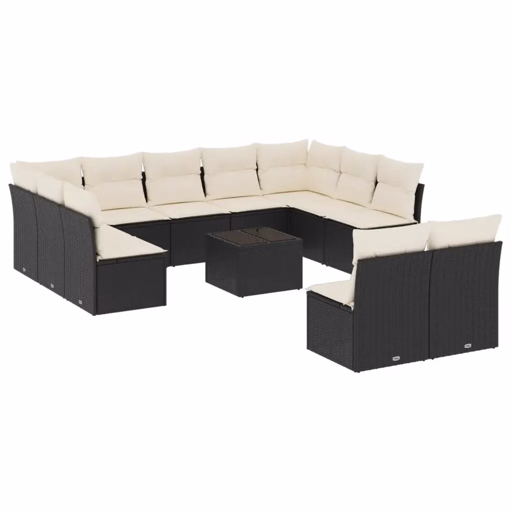 vidaXL Set Divani da Giardino a Forma di U in Polyrattan Nero con Cuscini e Tavolino da Esterno – 2