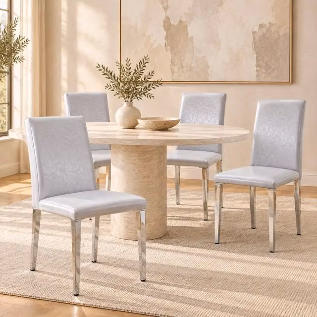 Set da 4 Sedie Minimaliste da Pranzo in PU Grigio Chiaro con Gambe in Metallo Argento, Stile Moderno per Sala da Pranzo e Soggiorno