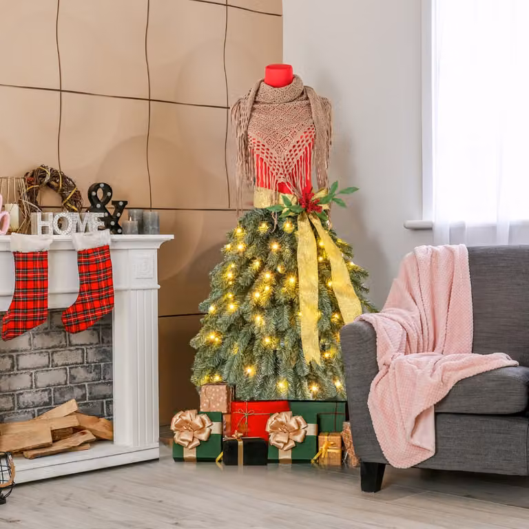 Albero di Natale artificiale pre-illuminato Costway verde, modello a forma di abito con 248 punte di rami, Altezza: 150 cm