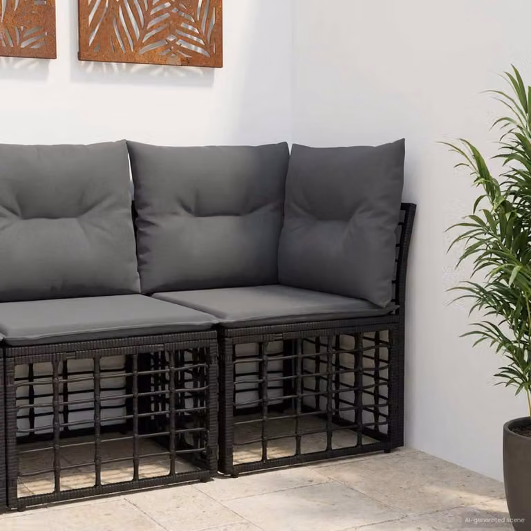 Modulo Divano Angolare da Esterno vidaXL con Cuscini e Rivestimenti Rimovibili, Colore Nero e Grigio, Struttura in Metallo e Polyrattan, Forma a L Destra