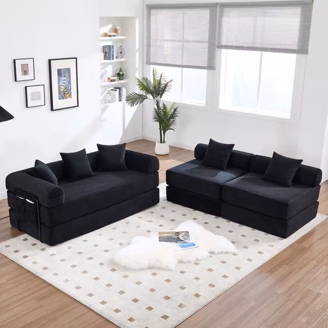 Divano Modulare REDOM a L in Velluto a Coste Nero con Funzione Letto L/P/H: 270 x 180 x 64 cm – 1
