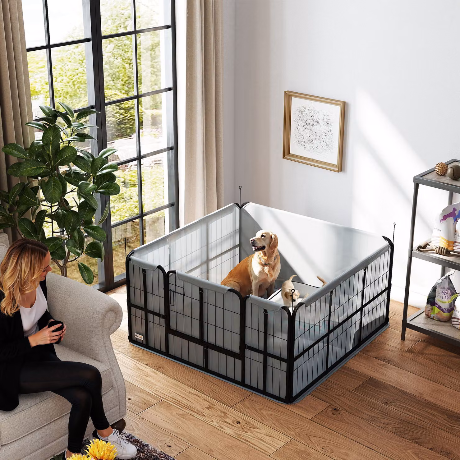 PawHut Parco per cani con cuccia e tappeto lavabile, nero e grigio, L 122 x P 122 x H 60 cm – 2