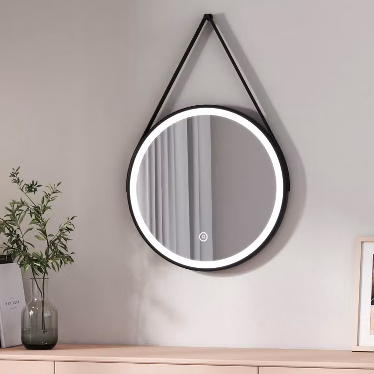 Specchio da bagno a LED, forma circolare, diametro 50 cm, interruttore touch, temperatura di colore 6500 K, colore nero