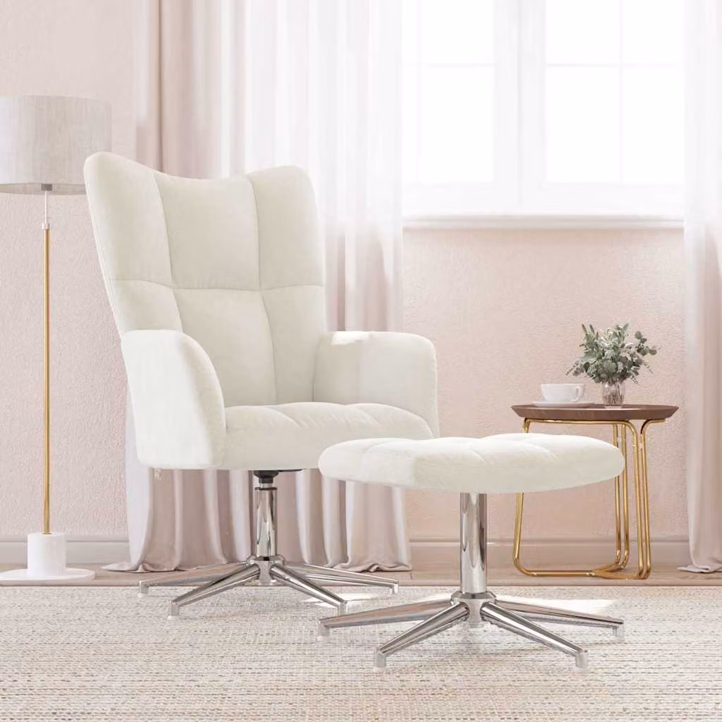 vidaXL Poltrona Relax con Poggiapiedi in Velluto Bianco, Sedia Girevole a 360 Gradi con Braccioli e Struttura in Metallo