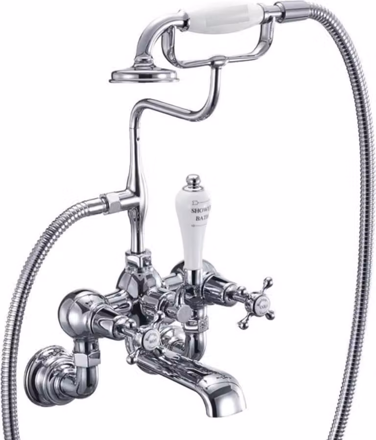 Casa Padrino rubinetto per vasca in stile liberty argento/bianco H. 46,95 cm - Rubinetto nostalgico per vasca in ottone con doccetta - Accessori bagno nostalgici