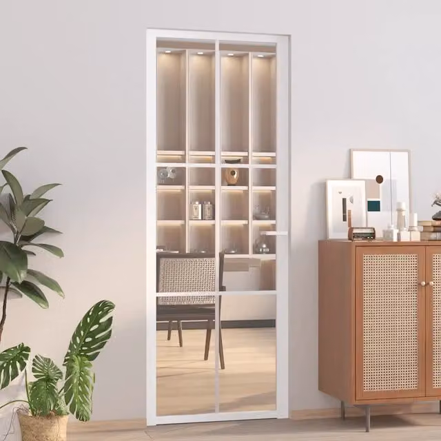 Porta in vetro moderna vidaXL con telaio in alluminio bianco e vetro trasparente, reversibile, L: 76 cm, H: 201,5 cm