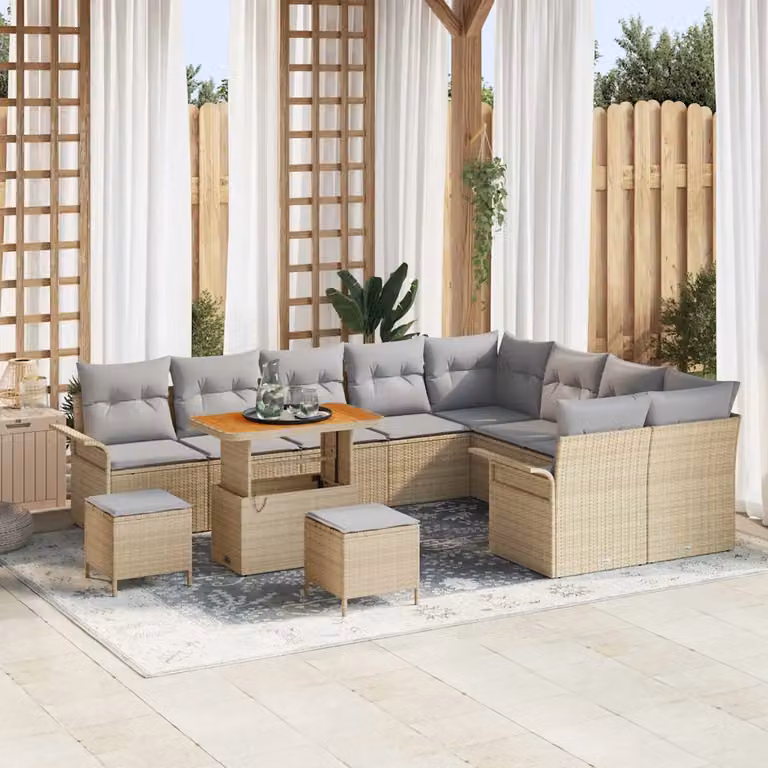 Set Divano da Giardino vidaXL 12 Pezzi Beige con Cuscini e Tavolino in Polyrattan e Acciaio