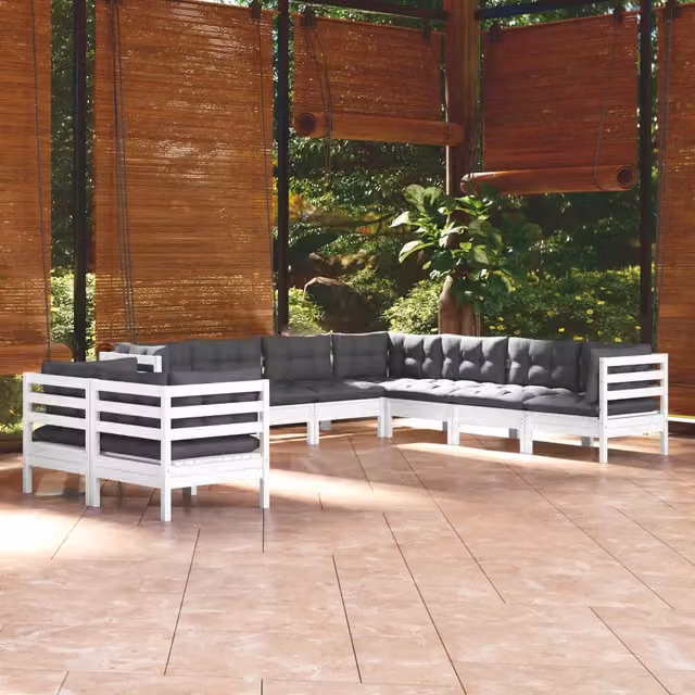 Set Divani da Giardino 9 pz con Cuscini Bianchi Legno di Pino 3096900