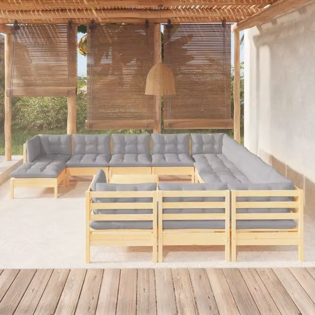 Set di Divani da Giardino a Forma di U vidaXL in Legno di Pino con Cuscini Grigi 13 Pezzi – 1