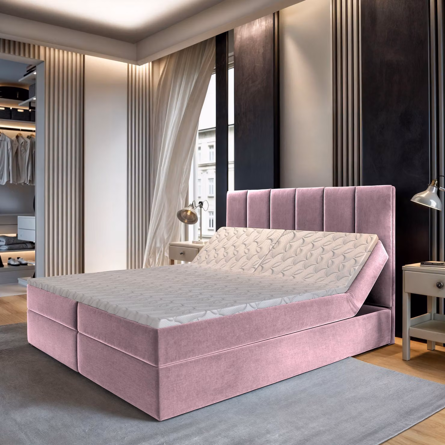 Masseno letto a molle BARINO 140x200 cm completo di materasso bonell e topper, letto imbottito con cassettiere - rosa, KRONOS 27