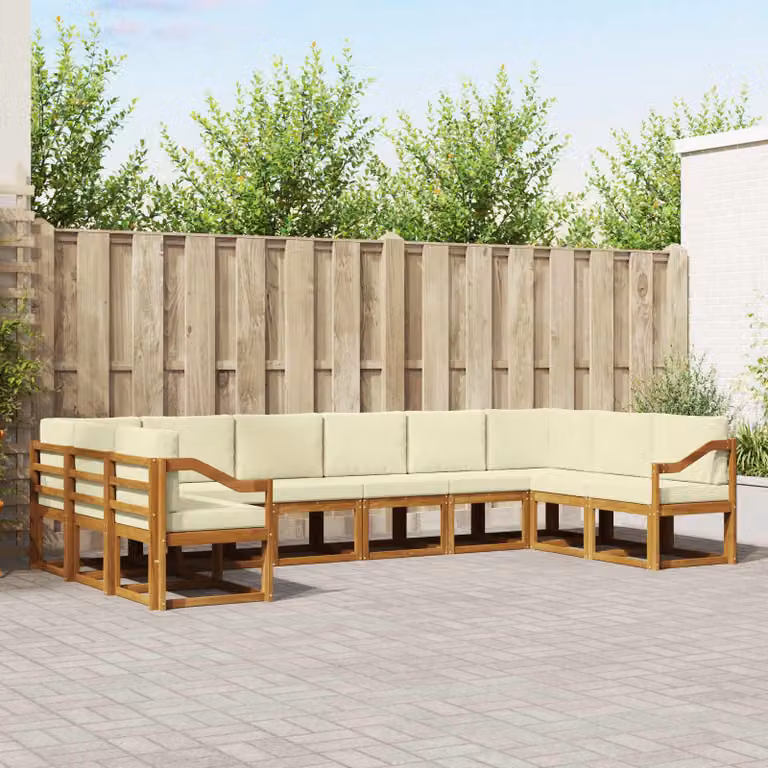 vidaXL Set di divani da esterno a L in legno di acacia con cuscini, 10 pezzi, Beige e Marrone