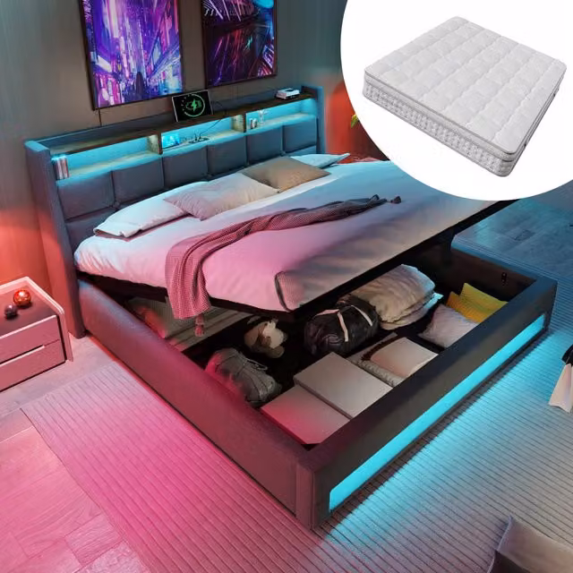 Letto imbottito 140 × 200 cm con materasso LED USB vano contenitore rete a doghe grigio