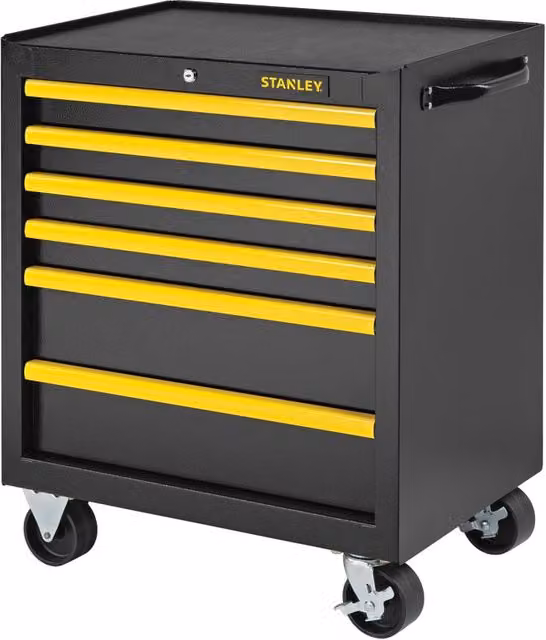 Carrello da officina Stanley STST98182 in acciaio nero con 6 cassetti, 1 ripiano e 4 ruote, L: 67.6 cm, P: 46 cm, H: 85.9 cm