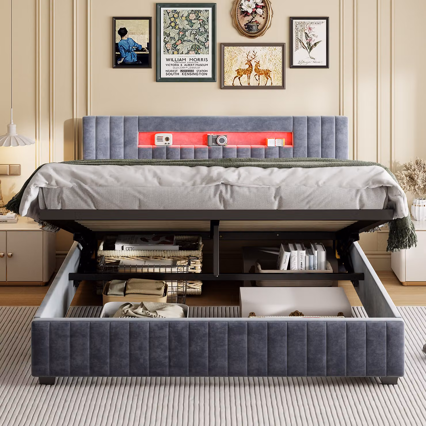 Moonbite Bett, 140x200 cm, tessuto velluto grigio a righe, illuminazione LED a 7 livelli, struttura con sistema idraulico e capacità di carico di 300 kg, tessuto: velluto, colore: grigio